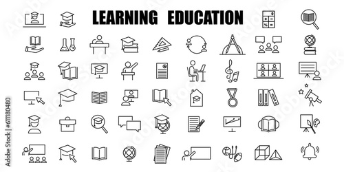 Online Education, thin icon set, black and white kit. Vector illustration. Stock image.
