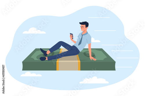 Financial independent man concept. Young guy with smartphone sits on dollar banknotes. Financial literacy and passive income. Wealthy and successful entrepreneur. Cartoon flat vector illustration