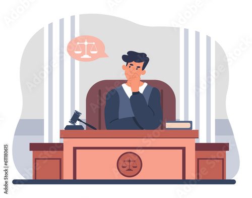Judge with gavel in court concept. Young guy in dark robe makes decision. Law and legal disputes, crime, punishment. Character hearing case and sentencing. Cartoon flat vector illustration