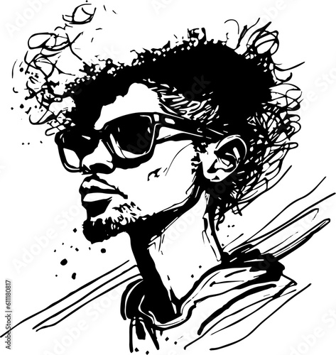 Vector illustration black man with afro hairstyle. Striking portrait, representing cultural identity and diversity. Trendy fashion, confident expression. Stylish beard, fashionable sunglasses. Urban