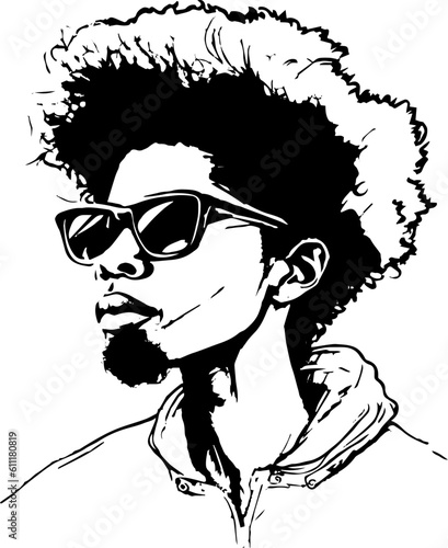 Vector illustration black man with afro hairstyle. Striking portrait, representing cultural identity and diversity. Trendy fashion, confident expression. Stylish beard, fashionable sunglasses. Urban