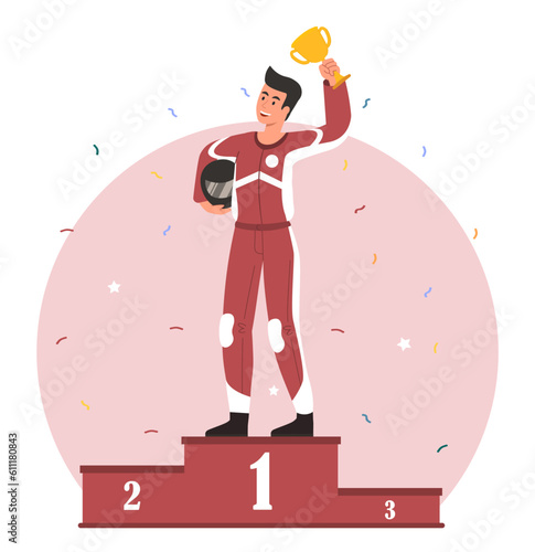 Racer with cup at podium concept. Man in uniform with helmet rejoices in winning competition or tournament. Fastest car pilot, driver. Active lifestyle and sports. Cartoon flat vector illustration