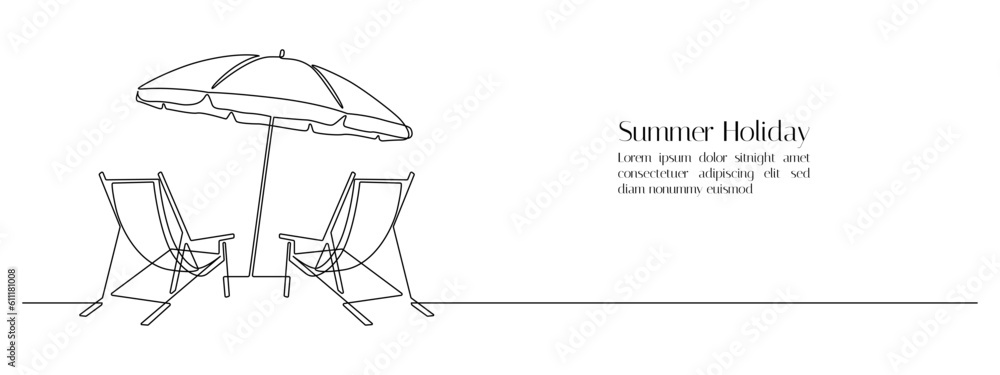 Beach umbrella and two chairs in one continuous line drawing. Concept of holiday summer and honeymoon in the Caribbean paradise in simple linear style. Editable stroke. Doodle vector illustration - obrazy, fototapety, plakaty 