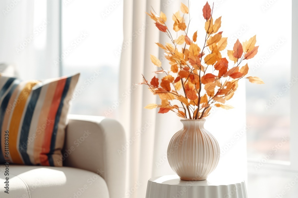 Decorated interior of a home. Autumn leaves in a vase full of color on a white background Generative AI Decorated interior of a home. Autumn leaves in a vase full of color on a white background Generative AI