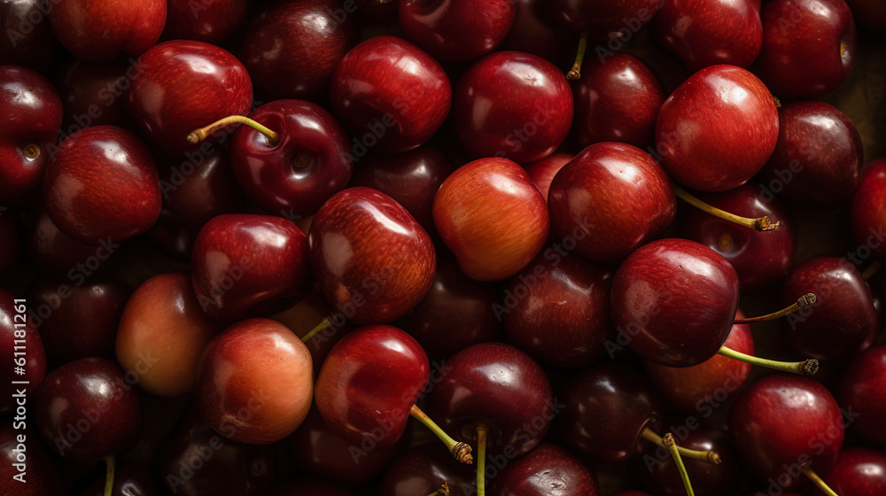 Close up of pile of ripe cherries with stalks and leaves. Fresh ripe cherries with water drops background berries backdrop. Realistic 3D illustration. Generative AI Close up of pile of ripe cherries with stalks and leaves. Fresh ripe cherries with water drops background berries backdrop. Realistic 3D illustration. Generative AI