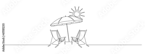 Beach umbrella and two chairs in one continuous line drawing. Concept of holiday summer and honeymoon in the Caribbean paradise in simple linear style. Editable stroke. Doodle vector illustration