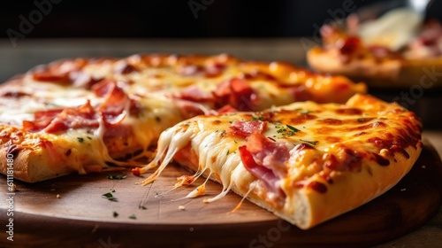 Ham pizza slice with melting cheese - generative AI