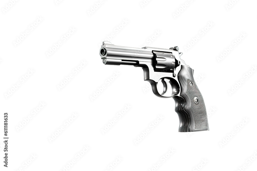 Silver gun over transparent backdrop. Generative AI