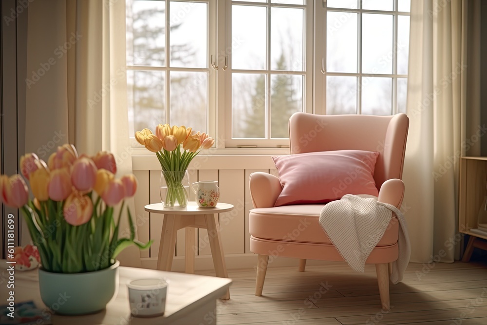 furniture and home accessories in a living room with tulips on a table. Generative AI furniture and home accessories in a living room with tulips on a table. Generative AI
