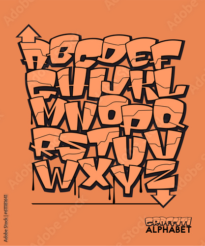 Graffiti alphabet. Comic style hand drawn lettering. Street art design.
