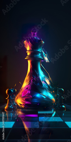 Chess on board business concept winner of business competition and marketing strategy planing concept. Chess leadership concept isolated in black background. Realistic 3D illustration. Generative AI