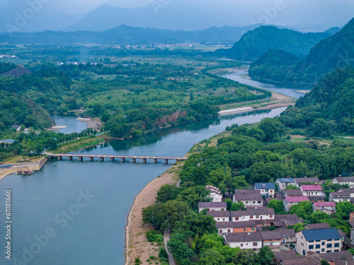Overlook of Chinese rural houses and river scenery