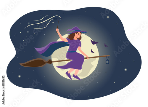 Witch on broomstick at sky concept. Mysticism, imagination and fantasy, witchcraft. Fairy tale and fictional character. Halloween, holiday of fear and horror. Cartoon flat vector illustration