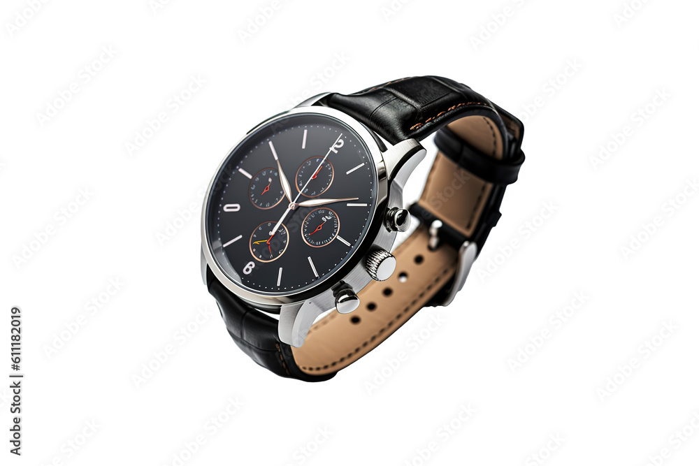 Male wrist clock over transparent backdrop. Generative AI Male wrist clock over transparent backdrop. Generative AI