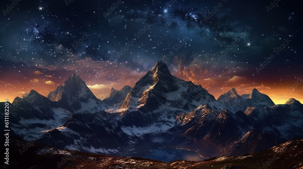 Starry Sky above the Mountains in the Morning Twilight. Generative AI