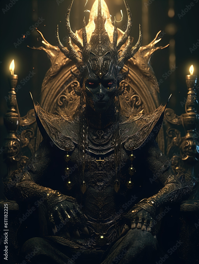 Dark Fantasy Ornate Art of a Dark Wizard King Sitting on a Throne. Generative AI