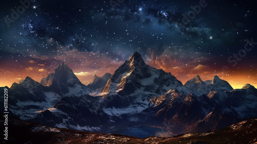 Starry Sky above the Mountains in the Morning Twilight. Generative AI