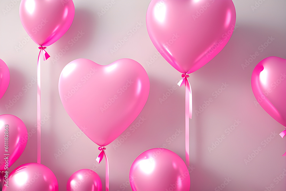 Pink heart-shaped balloons isolated on a pastel pink background. Generative AI.