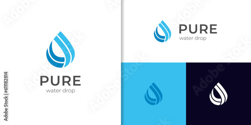 Pure Water drop Logo design vector template Linear style. Blue Droplet aqua icon design element