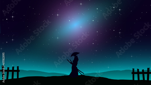 Samurai Background in the night. samurai wallpaper. landscape fantasy walpaper. japanese samurai background. purple night sky HD wallpaper. starry night sky. 