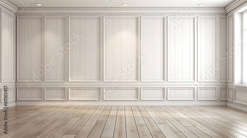 A room with a wooden floor and a white classic wall panel can be used as a backdrop or for interior design and decoration. White old walls and a wooden floor in an empty room. Generative AI