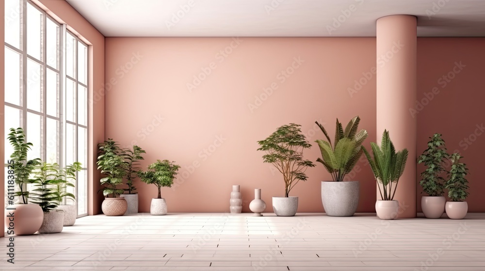 Interior design of a contemporary empty room with potted plants. Generative AI Interior design of a contemporary empty room with potted plants. Generative AI