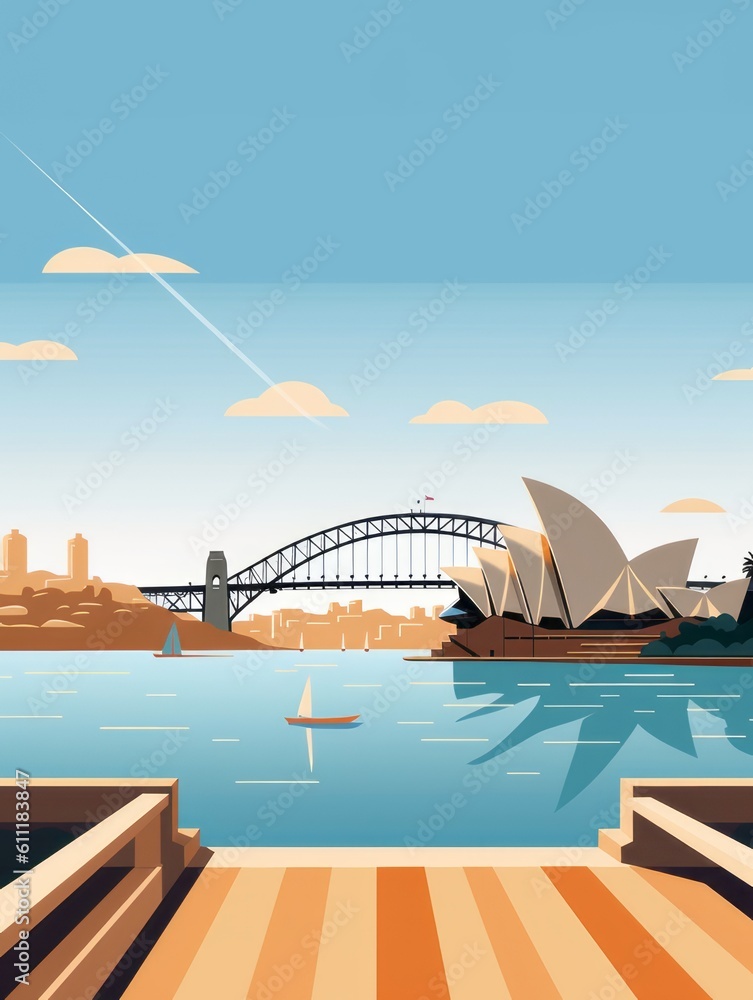 Naklejka premium Sydney city skyline. Opera House, Harbour Bridge view. Colourful vintage poster, banner, card. Minimalist retro design. AI digital illustration.