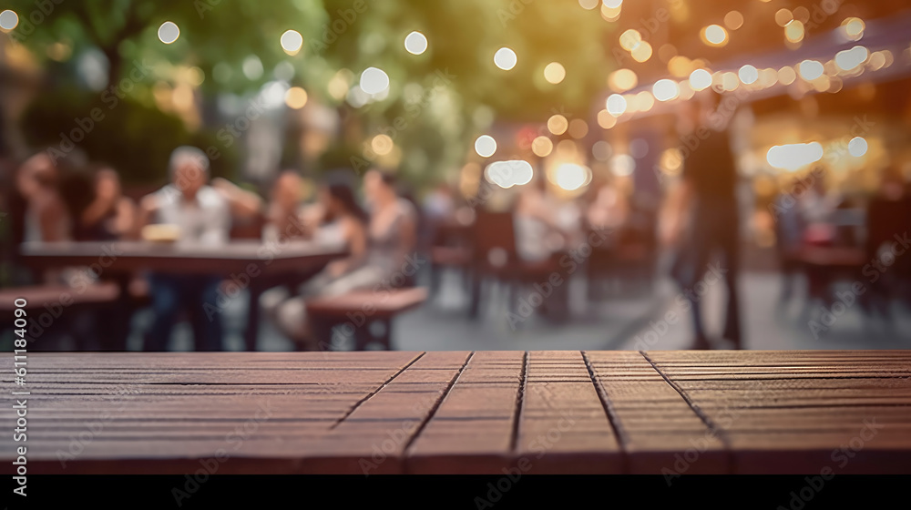 An outdoor table with blue cafe background. AI generated.