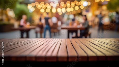 An outdoor table with blue cafe background. AI generated.
