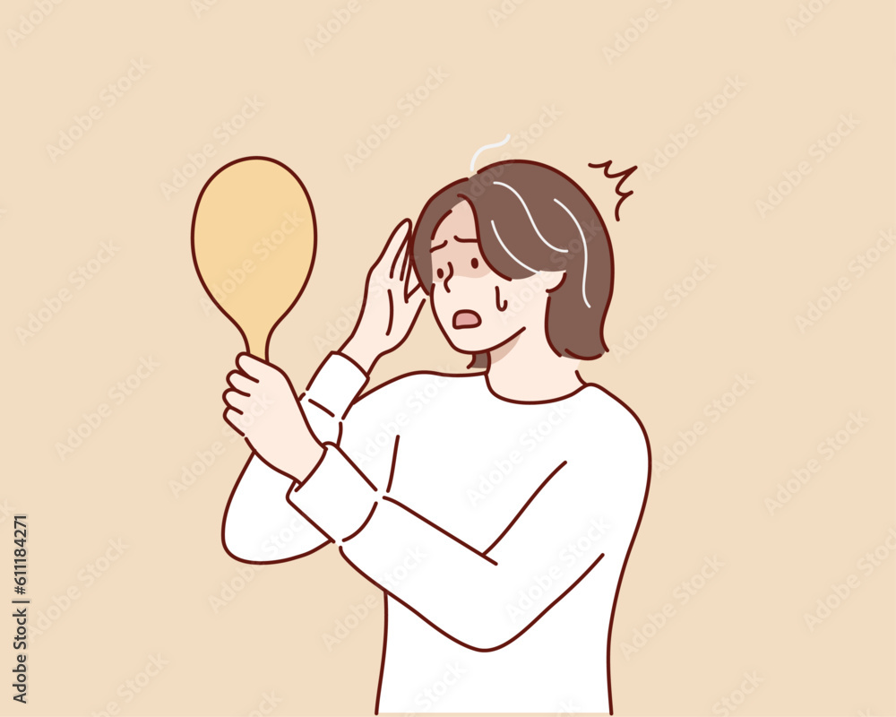 Grey hair and colored hair concept. Frustrated stressed woman seeing grey hair on head. Hand drawn style vector design illustrations. Grey hair and colored hair concept. Frustrated stressed woman seeing grey hair on head. Hand drawn style vector design illustrations.
