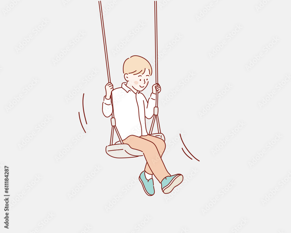  happy boy swinging on a wooden swing. Hand drawn style vector design illustrations.