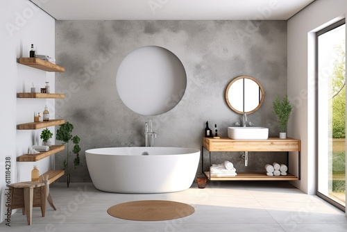 White bathroom corner with a concrete floor and a small window. Above a sink, there is a round mirror and a white bathtub. a mockup Generative AI