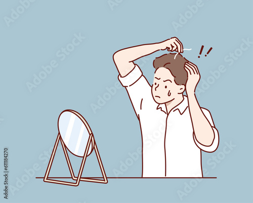 Anxious man look in mirror find grey hair scared of early aging. Worried unhappy male feel stressed shocked become grey-haired. Hand drawn style vector design illustrations.