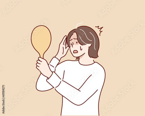 Grey hair and colored hair concept. Frustrated stressed woman seeing grey hair on head. Hand drawn style vector design illustrations.