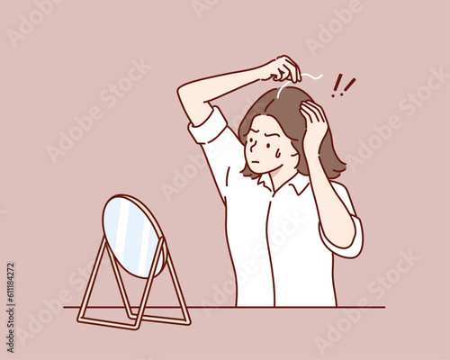 Anxious woman look in mirror find grey hair scared of early aging. Worried unhappy female feel stressed shocked become grey-haired. Hand drawn style vector design illustrations.