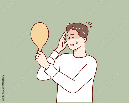 Grey hair and colored hair concept. Frustrated stressed man seeing grey hair on head. Hand drawn style vector design illustrations.