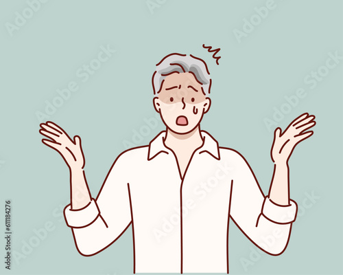 Young man turned gray from nervous work. Stressed gray haired man in panic attack, shocked, hands up. Hand drawn style vector design illustrations.