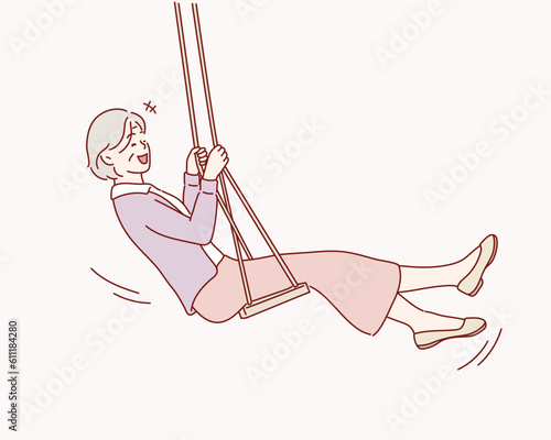  happy senior woman swinging on a wooden swing. Hand drawn style vector design illustrations.