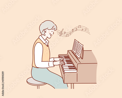 senior woman playing at piano. Hand drawn style vector design illustrations.