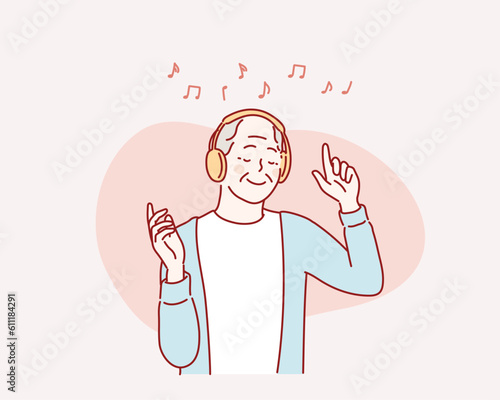 Senior old man listening to him favorite music through big headphones, enjoying the rich sound. Hand drawn style vector design illustrations.