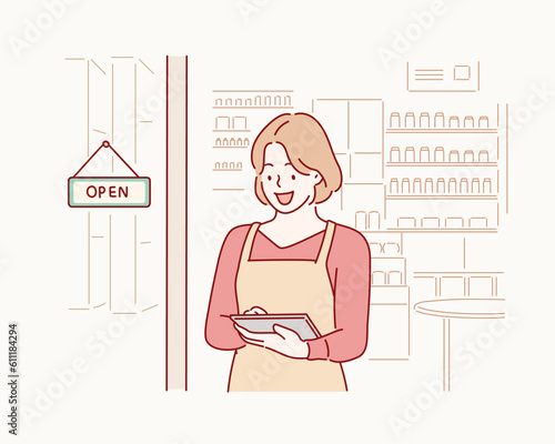  small business owner smiling and standing with crossed arms outside the cafe. Hand drawn style vector design illustrations.