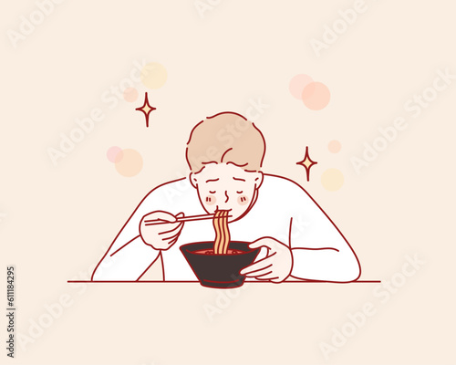man is eating delicious noodle. Hand drawn style vector design illustrations.