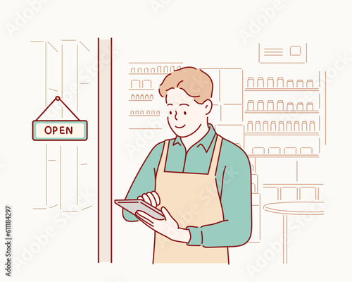  small business owner smiling and standing with crossed arms outside the cafe. Hand drawn style vector design illustrations.