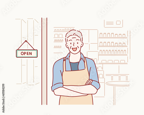 small business owner smiling and standing with crossed arms outside the cafe. Hand drawn style vector design illustrations.