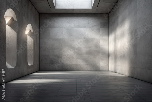 Spotlight and bare  gray concrete wall in a gallery interior. Concept for a museum or show. a mockup Generative AI