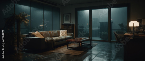 modern living room at night while it is raining