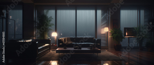 modern moody living room while it is raining