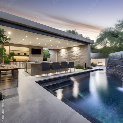 Set of beautiful custom swimming pool designs that depict gorgeous custom pools with fire features, outdoor kitchens, outdoor, furniture, patio covers, and other elements of the custom outdoor space. 