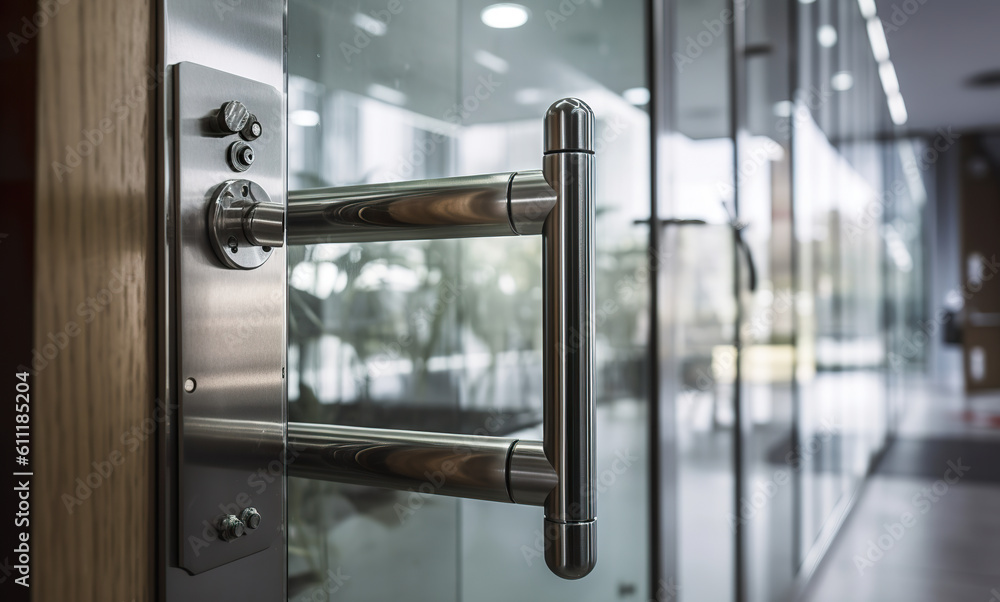 Illustration of the handle on the door of an office. Metal handle on the glass door. Glass door with a metal handle glass door glass background. Realistic 3D illustration. Generative AI Illustration of the handle on the door of an office. Metal handle on the glass door. Glass door with a metal handle glass door glass background. Realistic 3D illustration. Generative AI