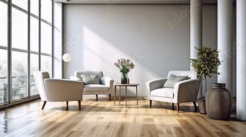 modern interior design. On a wooden floor next to a white wall, there are two chic armchairs and a coffee table. Generative AI